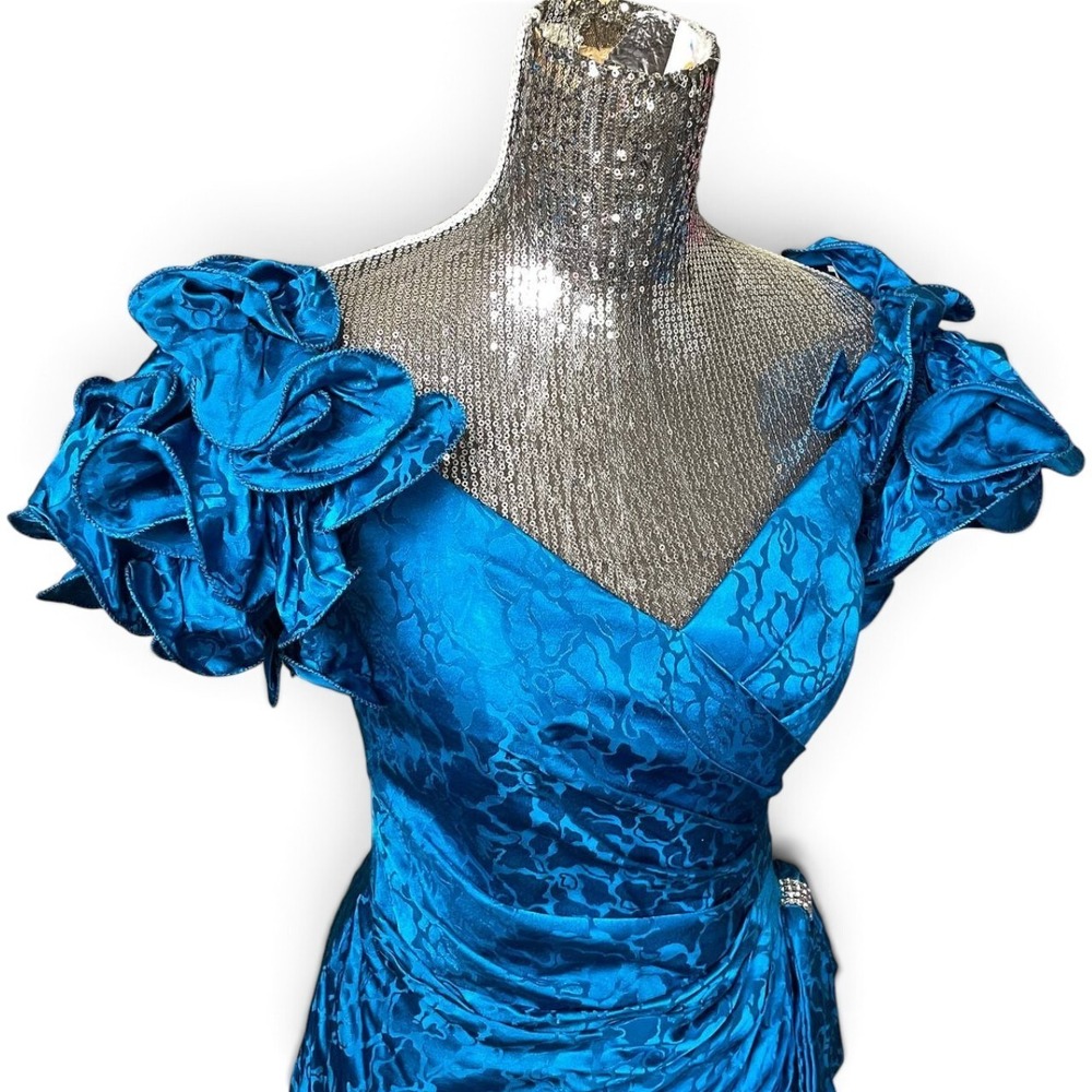 Vintage AJ Bari 100% Silk Teal Floral Ruched Ruffle Sleeve Cocktail Dress Size 8 - Picture 2 of 13